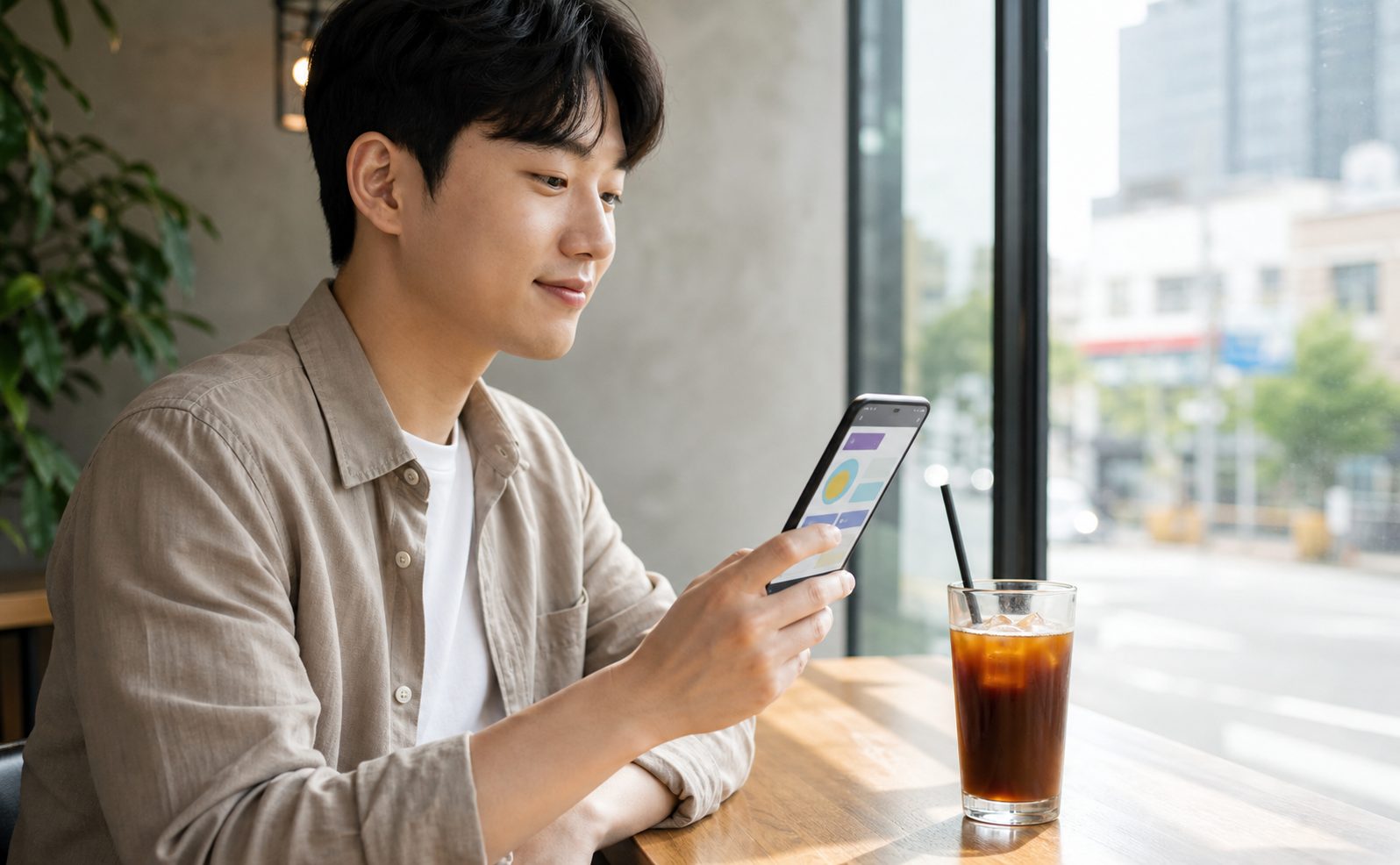 카페에서 로얄키워드 모바일 앱을 사용하는 모습